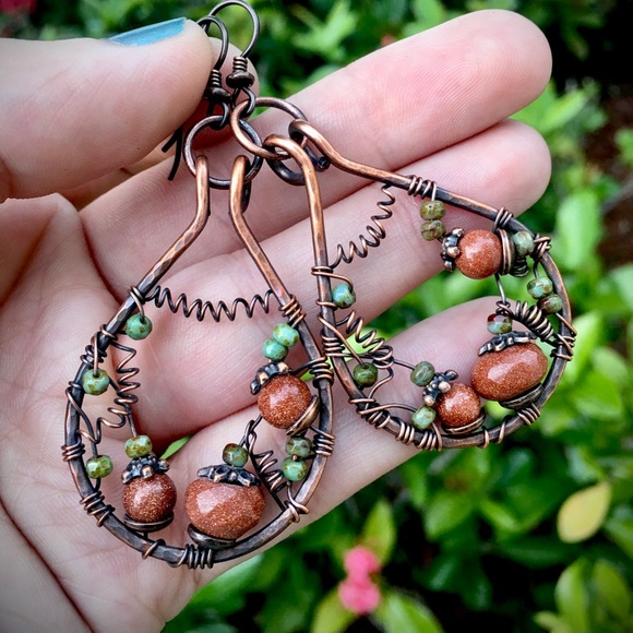 Hand Crafted Jewelry - Pumpkin patch sunstone wire wrapped earrings
